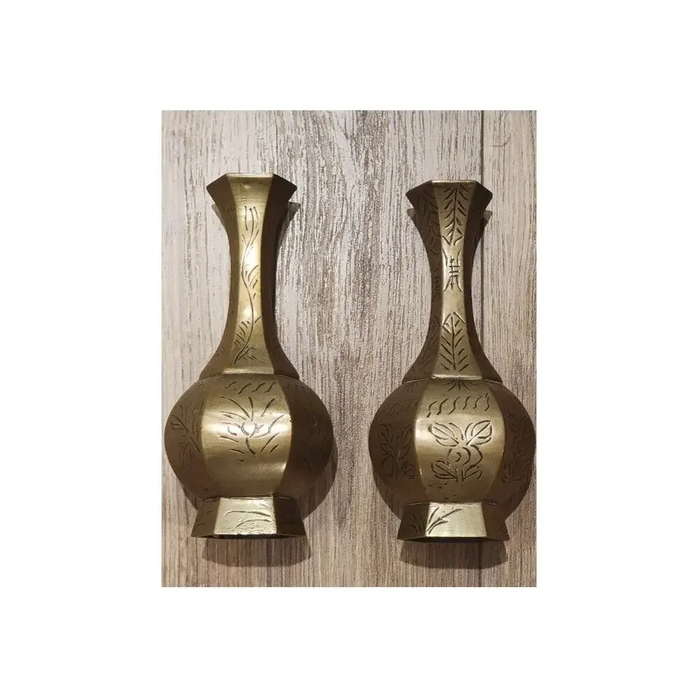 Vintage Chinese‎ Brass Etched Vase Set of 2 Qing Dynasty Style 8
